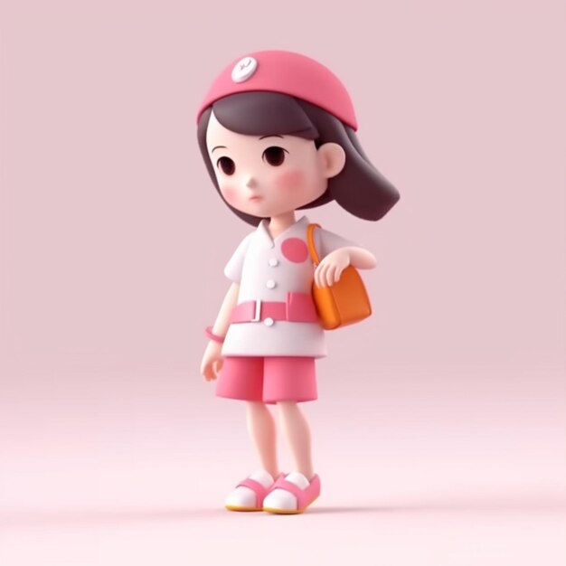 Una bambolina con cappello rosa e pantaloncini rosa tiene in mano una borsa marrone.