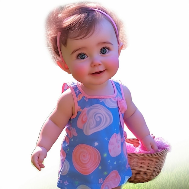 una bambolina con un vestito blu e un fiocco rosa in testa.