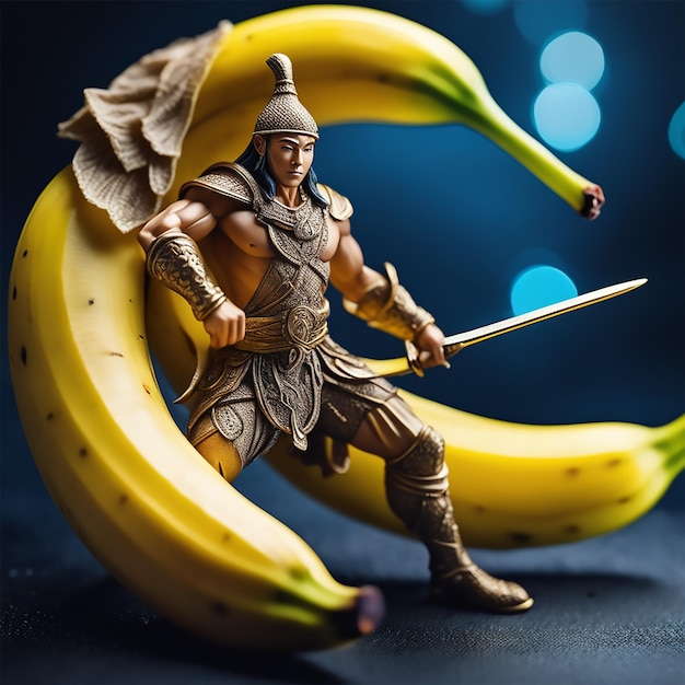 una banana antropomorfa spaventata un guerriero di banane con una spada che cavalca una banana illuminazione cinematografica