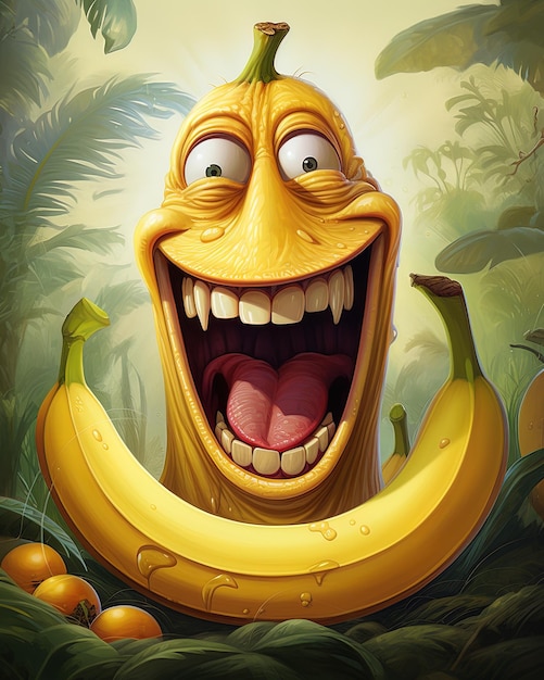 una banana con un grande sorriso che dice banana