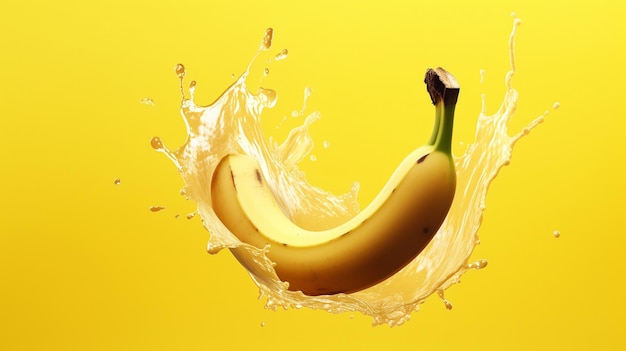 Una banana è in una spruzzata di liquido e viene fatta cadere in aria.