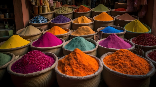 Una bancarella del mercato con spezie colorate in ceste.