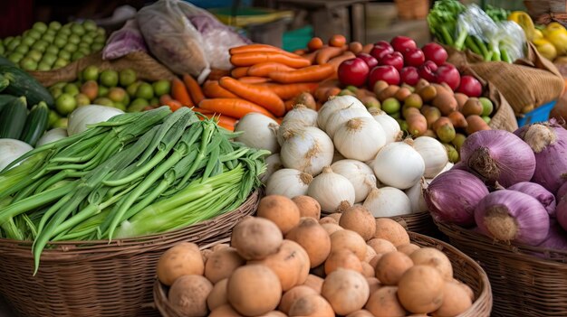 Una bancarella del mercato con verdure e uova