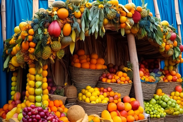 Una bancarella di frutta con ceste di frutta e un tendone blu.