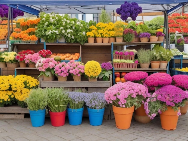 Una bancarella vuota con fiori colorati, prodotti freschi e piante in vaso Questo potrebbe essere uno sfondo versatile per vari concetti legati alla primavera