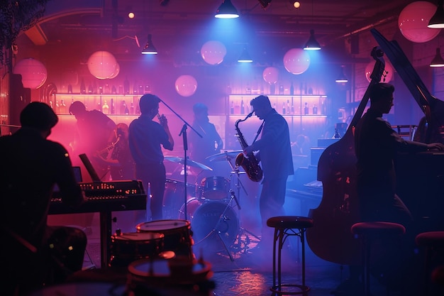 Una band di jazz che suona in un club fumoso e scarsamente illuminato