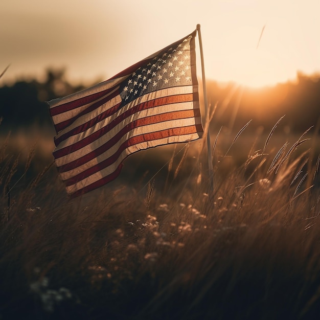 Una bandiera americana in un campo con il sole che splende su di essa