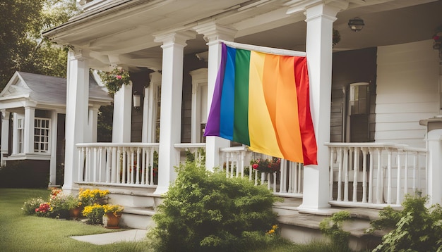 una bandiera arcobaleno appesa a un portico in un quartiere residenziale