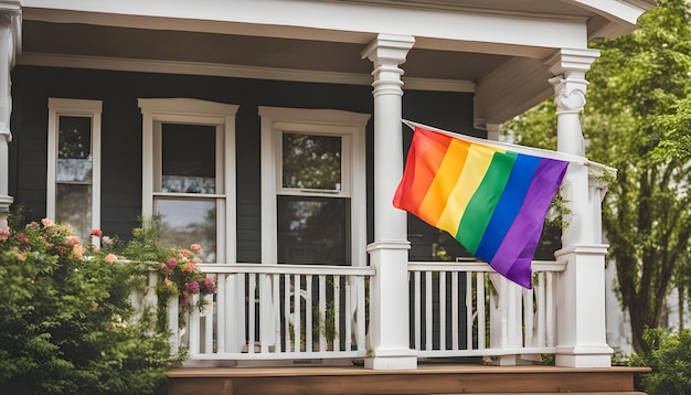 una bandiera arcobaleno appesa fuori da una casa