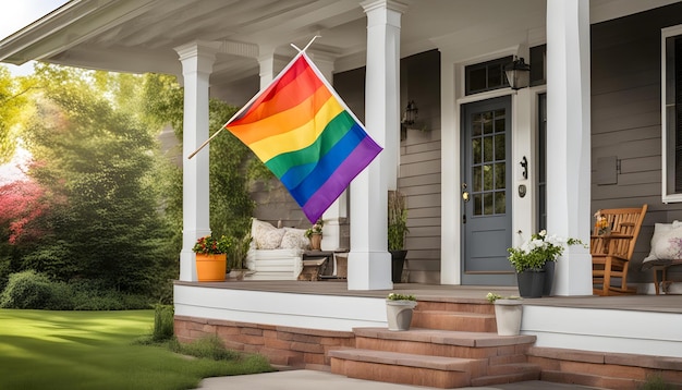 una bandiera arcobaleno è appesa su un portico