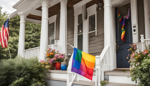 una bandiera arcobaleno è appesa su un portico