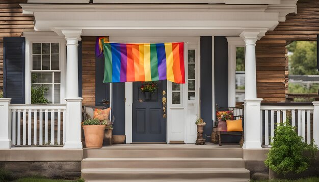 una bandiera arcobaleno pende da un portico di una casa