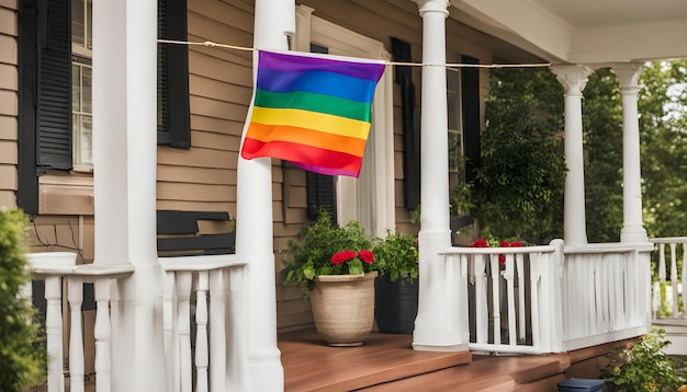 una bandiera arcobaleno pende da un portico su una casa