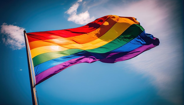 Una bandiera arcobaleno sventola nel cielo.