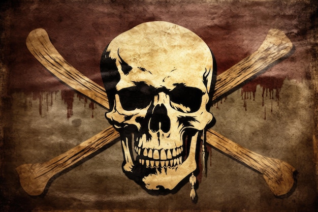 Una bandiera pirata scura e logora porta l'immagine di un teschio e ossa
