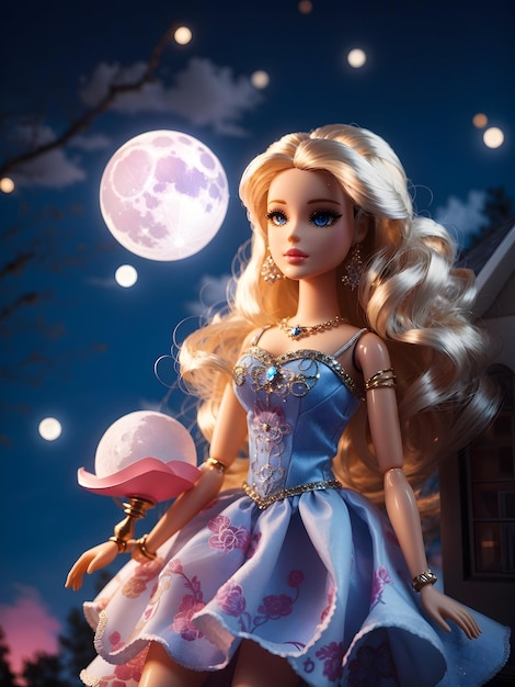 Una barbie con una luce notturna di luna sul cielo
