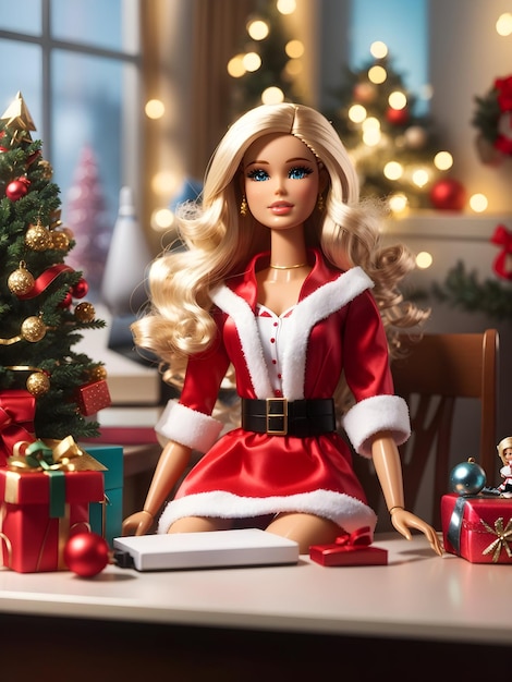 Una Barbie vestita da Babbo Natale è seduta alla scrivania con un albero di Natale