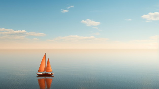 una barca a vela arancione al sole nello stile dell'azzurro cielo e del marrone