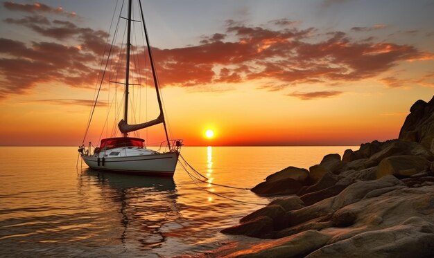 Una barca a vela che galleggia nell'oceano al tramonto