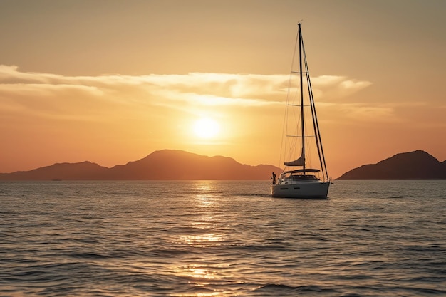 Una barca a vela è ancorata nell'oceano al tramonto.