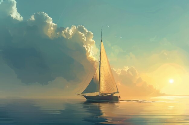 Una barca a vela galleggia graziosamente sulle tranquille acque dell'oceano circondata