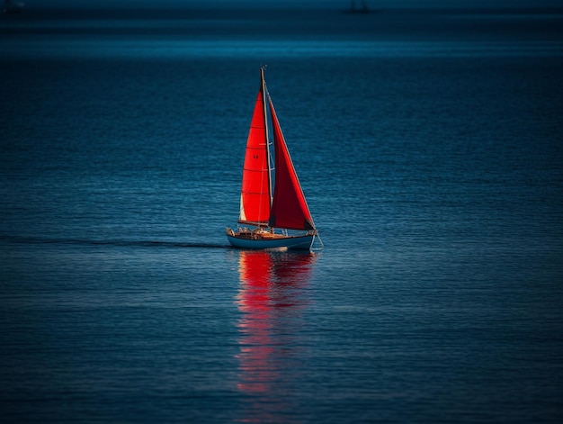 Una barca a vela rossa con una vela rossa naviga sull'acqua.