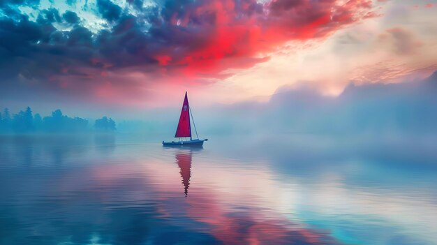 Una barca a vela serena su un lago nebbioso all'alba una scena calma e colorata ideale per il rilassamento e lo sfondo AI