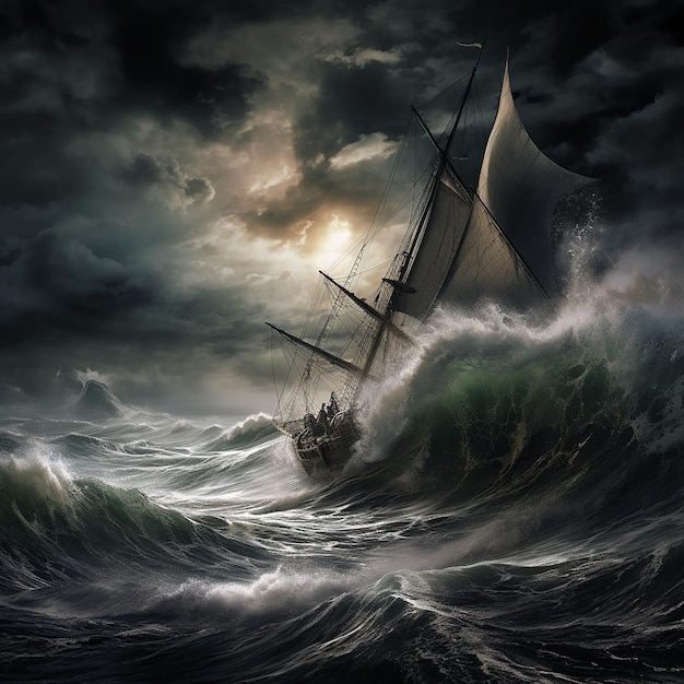 Una barca a vela solitaria che combatte le onde tempestose e terrificanti