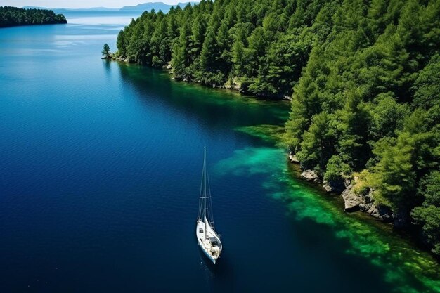 una barca a vela sta galleggiando in un lago circondato da alberi