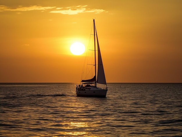 Una barca a vela sta navigando nell'oceano con il sole che tramonta dietro di essa.