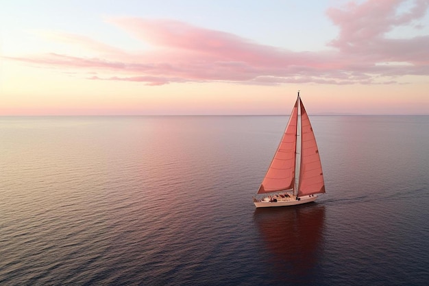 una barca a vela sta navigando nell'oceano con una nuvola rosa nel cielo