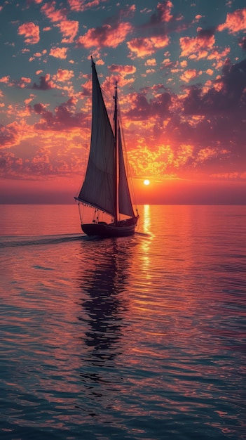 Una barca a vela sta navigando sul mare al tramonto