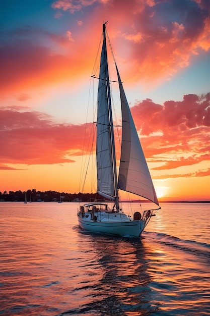 Una barca a vela sta navigando sul mare al tramonto