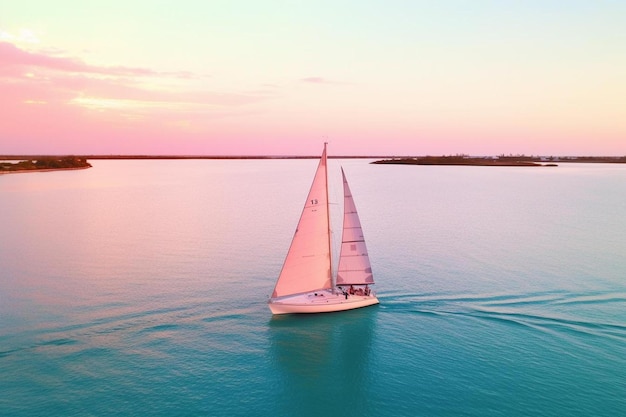 una barca a vela sta navigando sull'acqua al tramonto