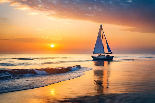Una barca a vela sta navigando sulla spiaggia al tramonto.