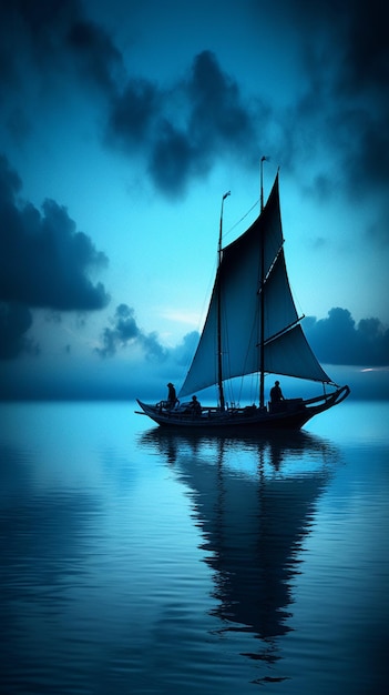 Una barca blu con una vela sull'acqua