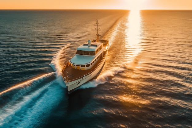 Una barca che naviga sull'oceano al tramonto.