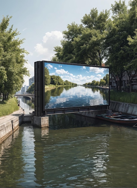 una barca che viaggia lungo un canale con un grande schermo sul lato