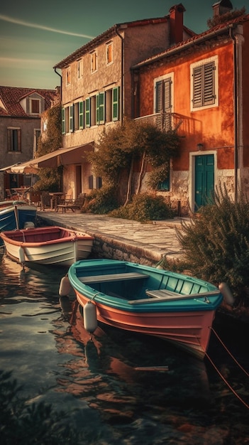 Una barca colorata in un porto con una casa sullo sfondo.