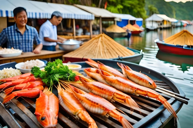 Una barca con del pesce su di essa vende cibo sul lato della barca.