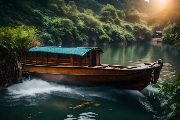 Una barca con il tetto verde galleggia su un lago.