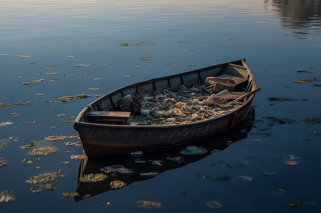 Una barca con la spazzatura galleggia sull'acqua