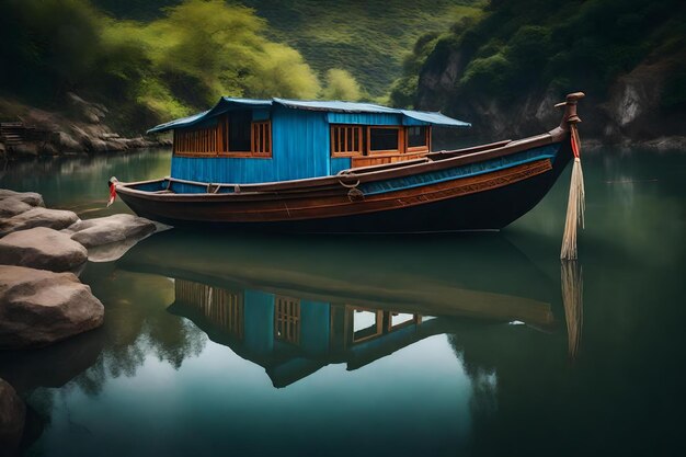 Una barca con un tetto blu si trova in acqua.