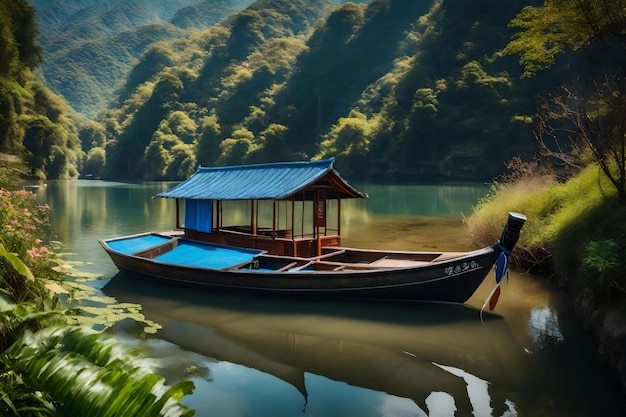 Una barca con un tetto blu si trova sull'acqua.