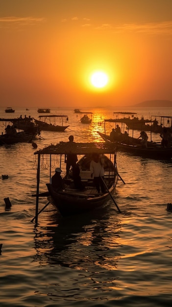 Una barca con un tramonto sullo sfondo