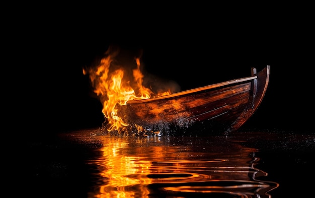 Una barca con una fiamma sopra è illuminata nell'oscurità.