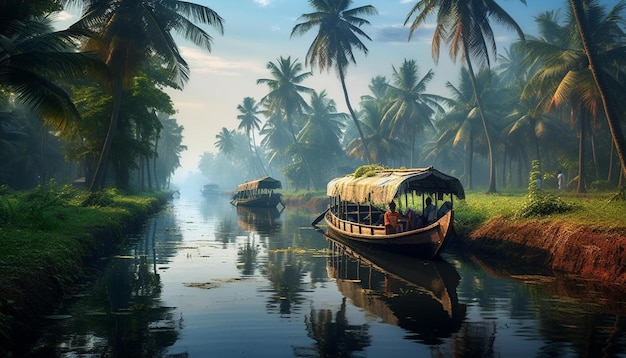 una barca con una lunga coda sta galleggiando sull'acqua con una palma sullo sfondo