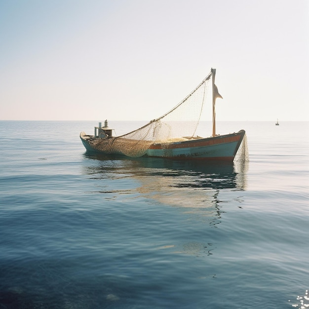 una barca con una rete da pesca in acqua