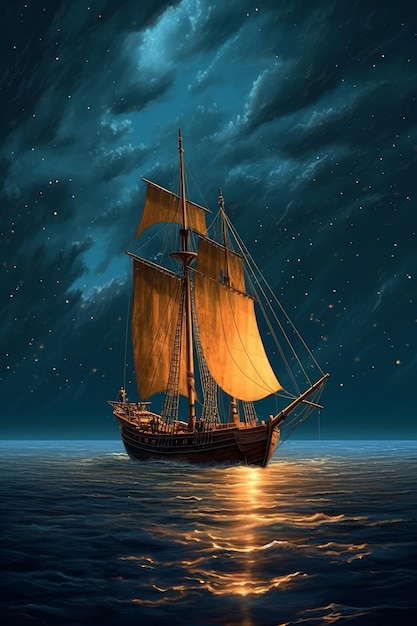 Una barca con una vela sull'acqua naviga davanti a un cielo scuro