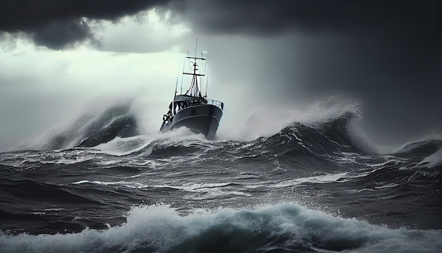 Una barca da pesca che naviga durante una tempesta